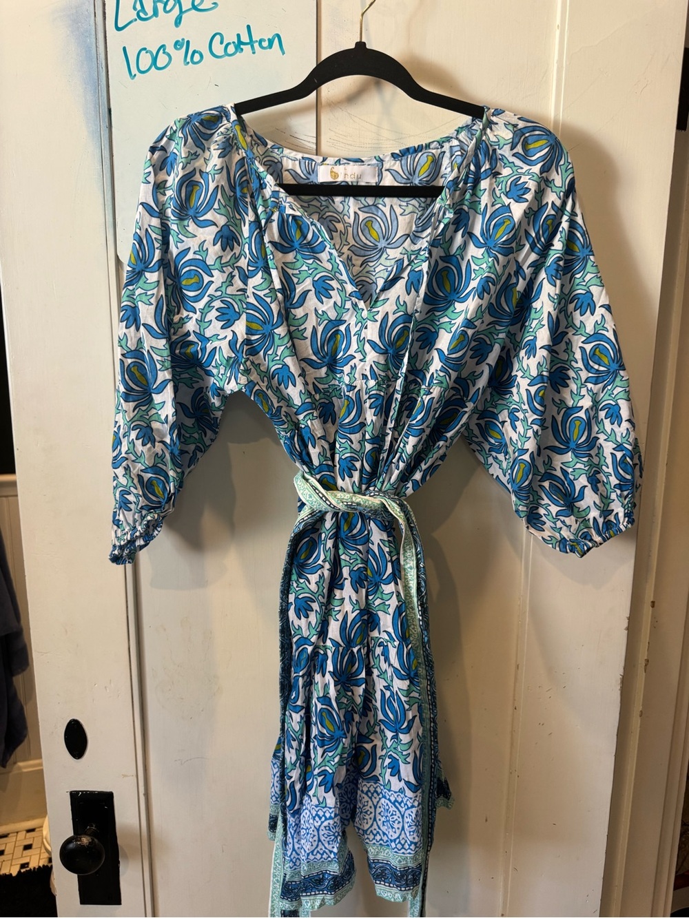 100% Cotton Boho Floral Midi Dress with Tie Detail in Blue and White